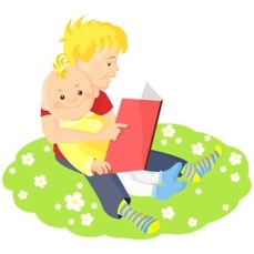 9468057 - two boys sitting on a green lawn with white flowers and read a book